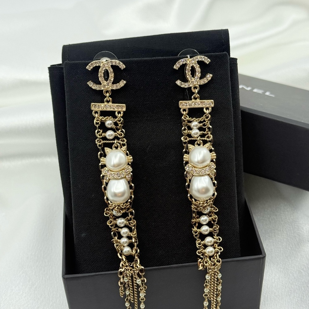 Chanel Gold Crystal CC Pearl Luna Cat Dangle Earrings